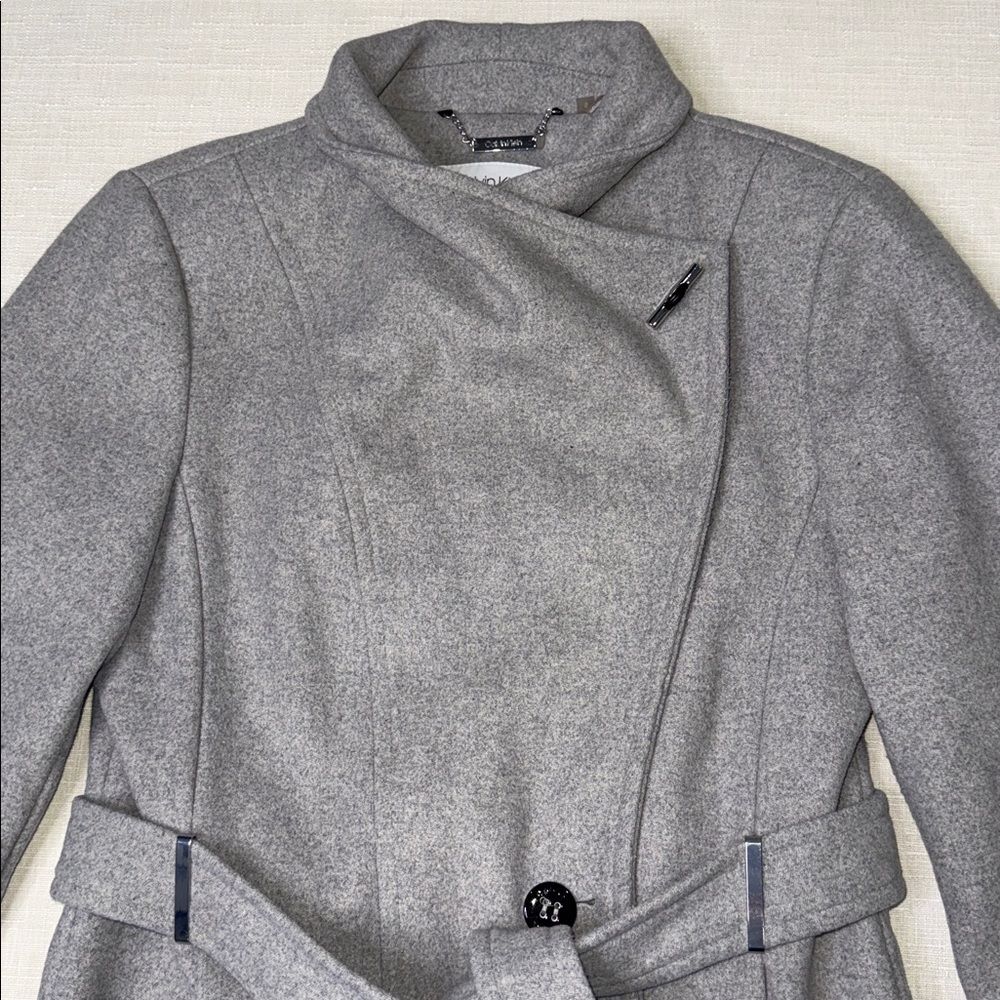 Calvin Klein women’s gray wool-blend wrap coat. - Picture 2 of 12